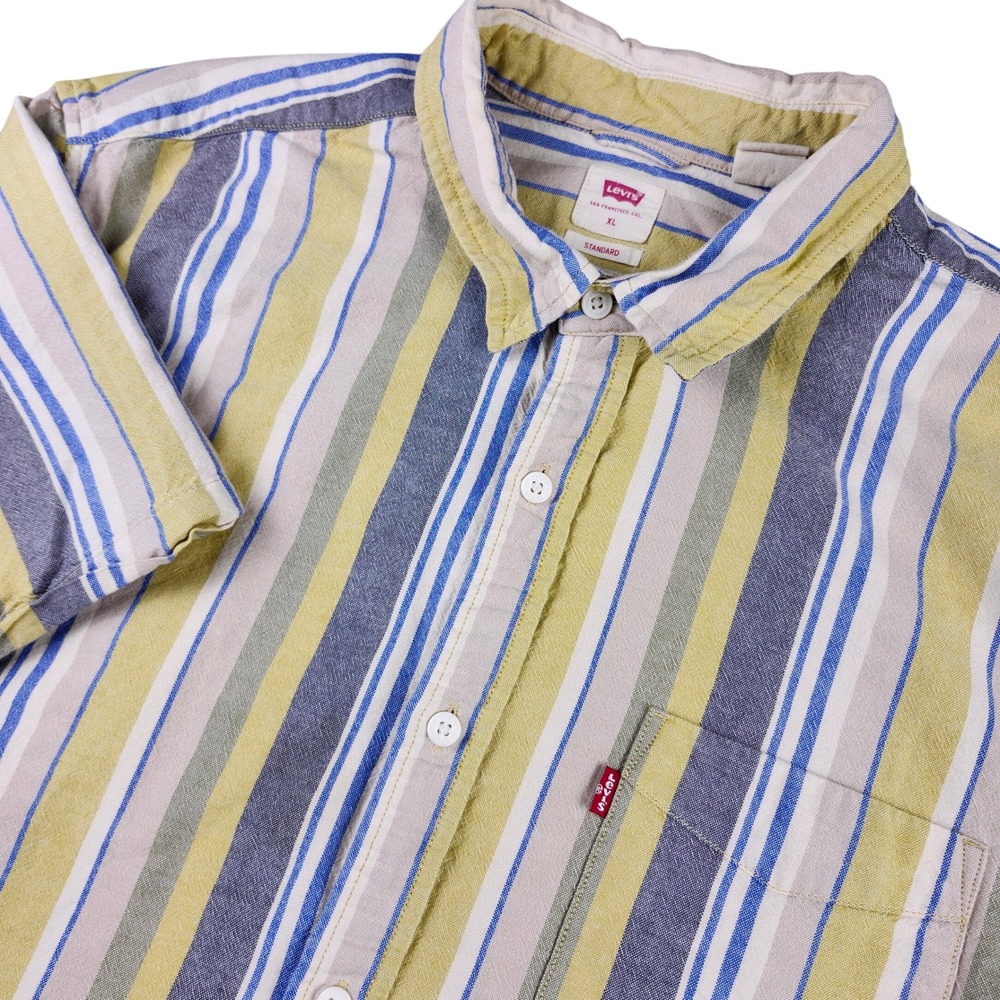 Levi's Button Down Shirt Mens XL Yellow Blue Striped Short Sleeve Standard Fit